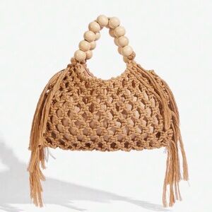 Woven Fringe Handbag with Beaded Handle - Tan